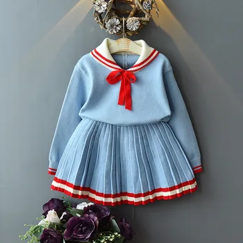 Modra Dekleta Obleke Pomlad Jesen Priložnostne Pletenje Otroci Obleke za Dekle z Dolgimi Rokavi Lok Pulover Nabrano Krilo Otroci Oblačila Sklop