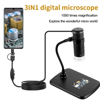 50-1000X Mobilni Telefon, Kamera Mikroskop 3in1 USB Tip-C MicroUSB za Android Telefon z Windows PC Računalnik, Prenosni računalnik s Stojalom