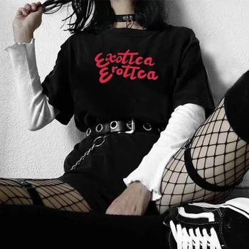 Exotica Erotika Pismo Natisnjeno Poletje Moda Ulica Slog Kul Grunge Black Ženske T-Shirt 70-IH Fashion Sexy Letnik Ženski Tee