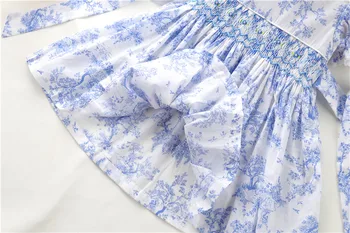 Poletje modri cvet cvetni ročno izdelani smocked baby dekleta obleke bombaž butiki letnik