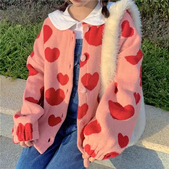 Japonski Ljubica Mehko Girly Pulover O-Vratu Poln Rokav Kawaii beloprsi Singl Sweet Heart-shaped Pletenje Jopico Pulover