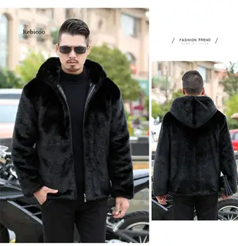 6Xl Plus Velikost Nove Zimske Imitacije Mink Fur Coats Moški Suknjič Debele Hooded Specializiranimi za umetno Krzno, Jakna Moški Črni Suknji