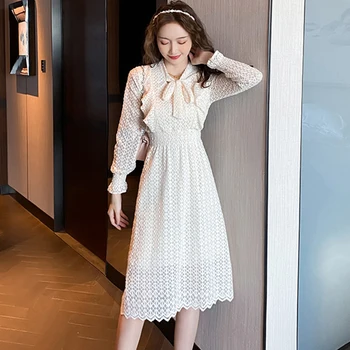 Moda Korejskih Žensk, Vintage Proti-Vrat Lok Sveže Midi Stranka Obleko Ulične Haljo Sladko Priložnostne Ruffle Čipke Kariran Plaži Ženska Obleka