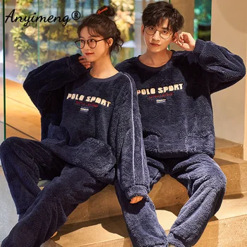 Pozimi Debele Loungewear za Nekaj Srčkan Nosi Embroidary Toplo Pižamo Set za Moške korejski Kawaii Slog Hoodies Pijamas za Ženske