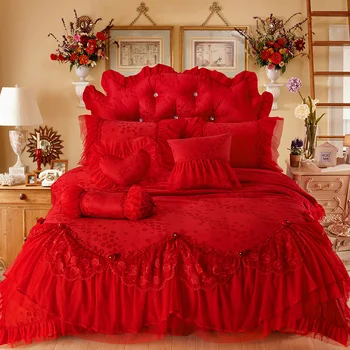 Rdeča High-end Princesa Poročno Izmenljive Čipke Jacquardske Saten Rjuhe Kritje Posteljo Krilo Prevleke Luksuzni Posteljni Set Home Tekstilnih