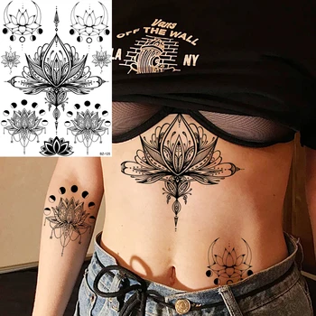 Lotus Black Obesek Seksi Pasu Začasne Tetovaže Za Ženske Odraslih Underboob Metulj Ponaredek Tattoo Nalepke, 3D Tattoo Papirja