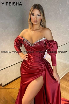 Yipeisha Off-ramo Burgundija Večerne Obleke Visoko Split Maturantski Obleki z Rokavi Beaded Formalno Sirena Obleko za svate