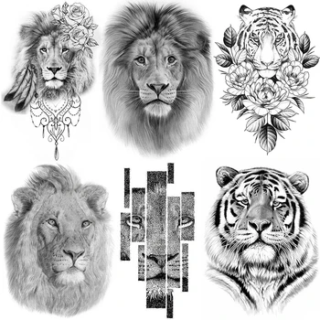 Mogočni Lev, Kralj Zveri Tetovaže Začasno Moški Ženske Body Art Ponaredek Tattoo Realne Plemenski Tiger Tattoo Nalepke, Roko, Nogo Ličila