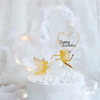Pravljice, Elf Happy Birthday Cake Pokrivalo Cvet Čipke Pearl Očesa Angel Dekoracijo za Otroke Fant Dekle Stranka Potrebščine Lepo Darila