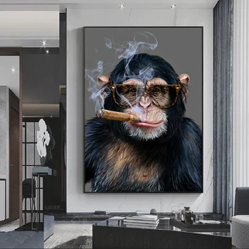 Šimpanz Kajenje Cigar Umetniško Platno Slikarstvo Opica Živali Stenskih slikah, za dnevno Sobo, Moderno Plakate in grafike Doma Dekor