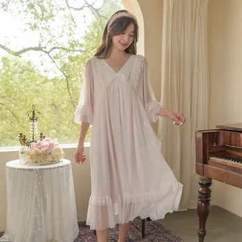 Vintage Princesa Modal Gaza Dolgo Nightgowns Za Lady Čipke Lok Napet Spalne Srajce Pomlad Poletje Elegantno Sleepwear