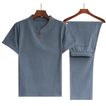(Majica + hlače) poletje Kitajski Slog moški majica Bombaž in lan trend srajce za moške priložnostne majice komplet oblačil, velikost M-5XL