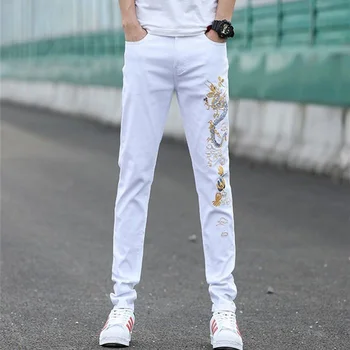 Mens visoko kakovost bele kavbojke elastična hujšanje traper hlače vezenje moda casual kavbojke, hlače za moške.