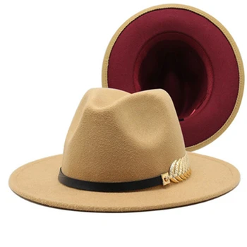 Fedoras klobuk za ženske, za moške, kovinsko verigo, roza, zelena volne klobučevine klobuk za jesen in zimo toplino široko roba jazz cilinder