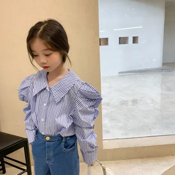 2022 Pomlad baby dekle korejskem slogu elegantna zavoj navzdol ovratnik srajce malo princesa noge-o-ovčetina rokav bombaž prugasta bluze Vrhovi