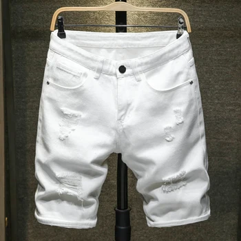 2021 Novo Poletno Belo črno Moških Traper Hlače Slim velikosti Priložnostne Koleno Dolžina Kratka Luknjo Jeans Hlače Za Moške