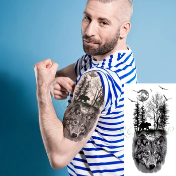 Nepremočljiva Začasni Tattoo Nalepke Volk Gozd Luna Drevesa Nosijo Živali Ponaredek Tattoo Flash Tatto Roko, Nogo, Body Art, za Ženske in Moške