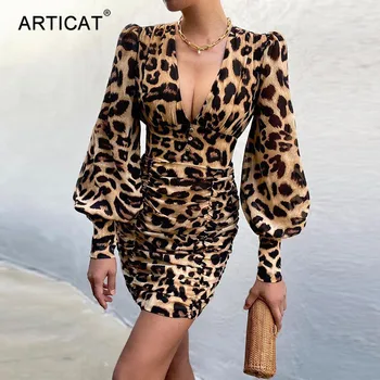Articat Leopard Tiskanja Draped Suh Mini Obleka Jeseni Ženske Luč Rokav Gumbi Stranka Obleko Proti-vrat Seksi Vestidos Ulične