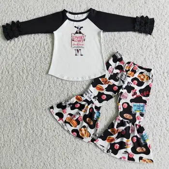 2021 Jesenska Moda Za Malčke Luštna Deklica Krava Dolg Rokav Tiskanja Bell Dnu Baby Obleko Trgovini Boutique Obleke, Kompleti